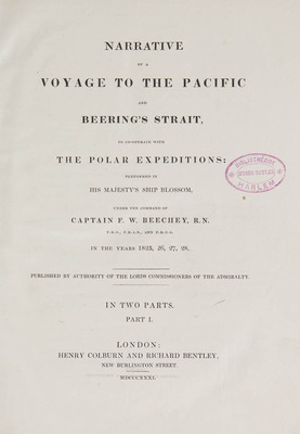 3098
<br/>
Narrative of a voyage to the Pacific and Beering's Strait, to co-operate with the polar expeditions performed in H.M.S. Blossom under the command of captain F.W. Beechey in the years 1825-1828
<br/>
<em></em>